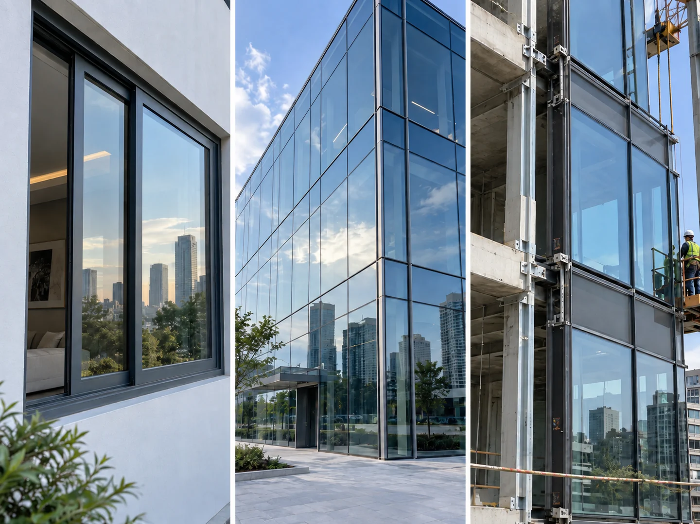 Three façade applications, from left to right: a sliding window, a glazed curtain wall, and unitized façade panels being installed on a building.